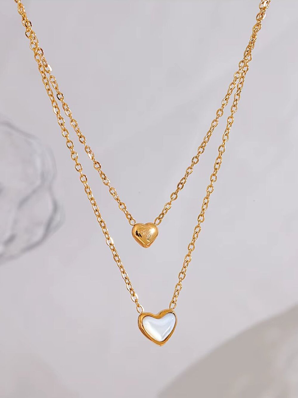 Double Heart Natural Shell Stainless Steel Necklace